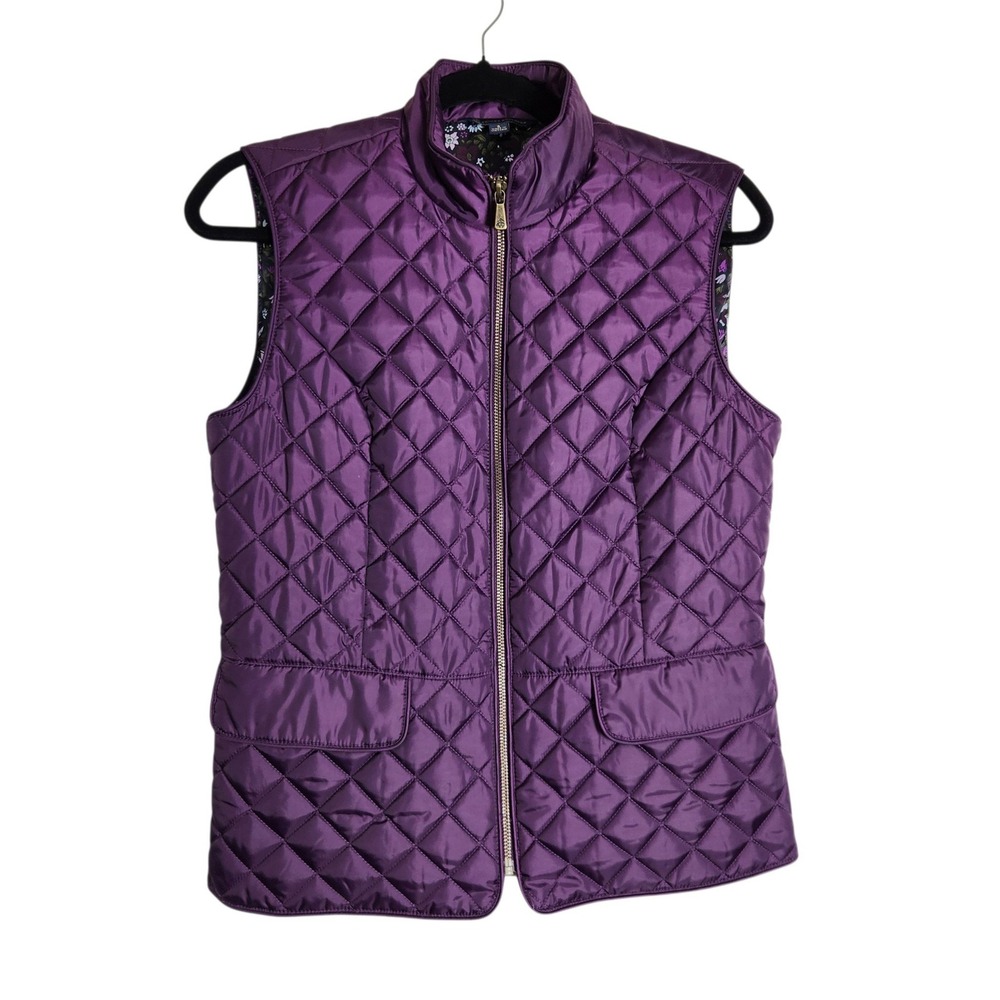 Brooks Brothers Purple Quilted Floral Lined Vest Small Pockets Full Zip Mockneck